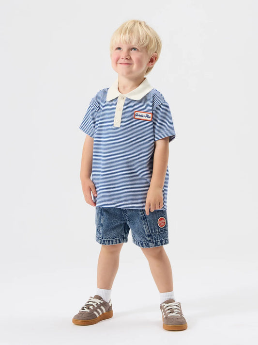 Navy Stripe Logo Polo Top