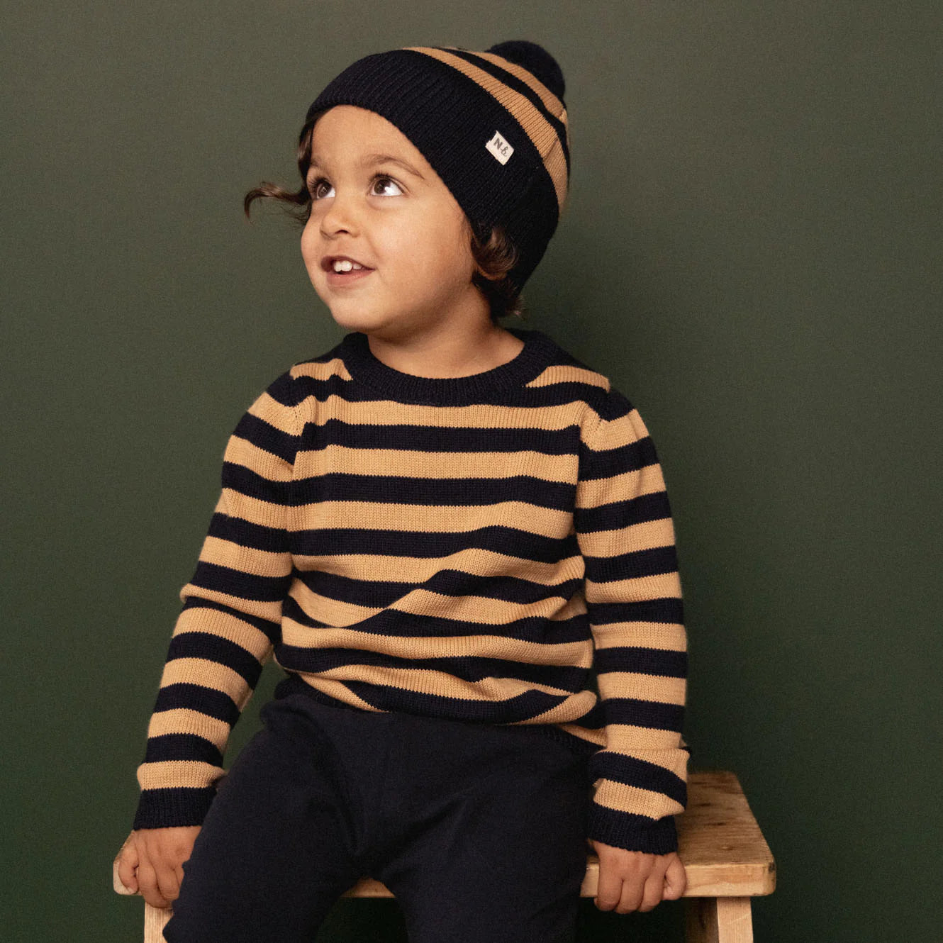 Merino Knit Pullover - Navy & Caramel