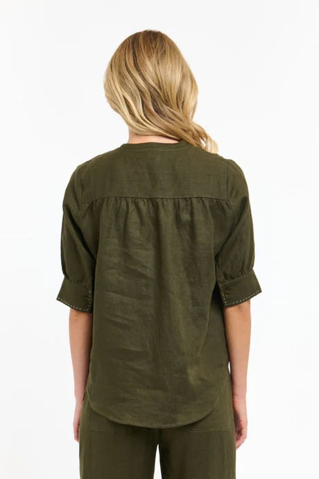 Bradley Linen Stitch Top - Khaki / White Stitch
