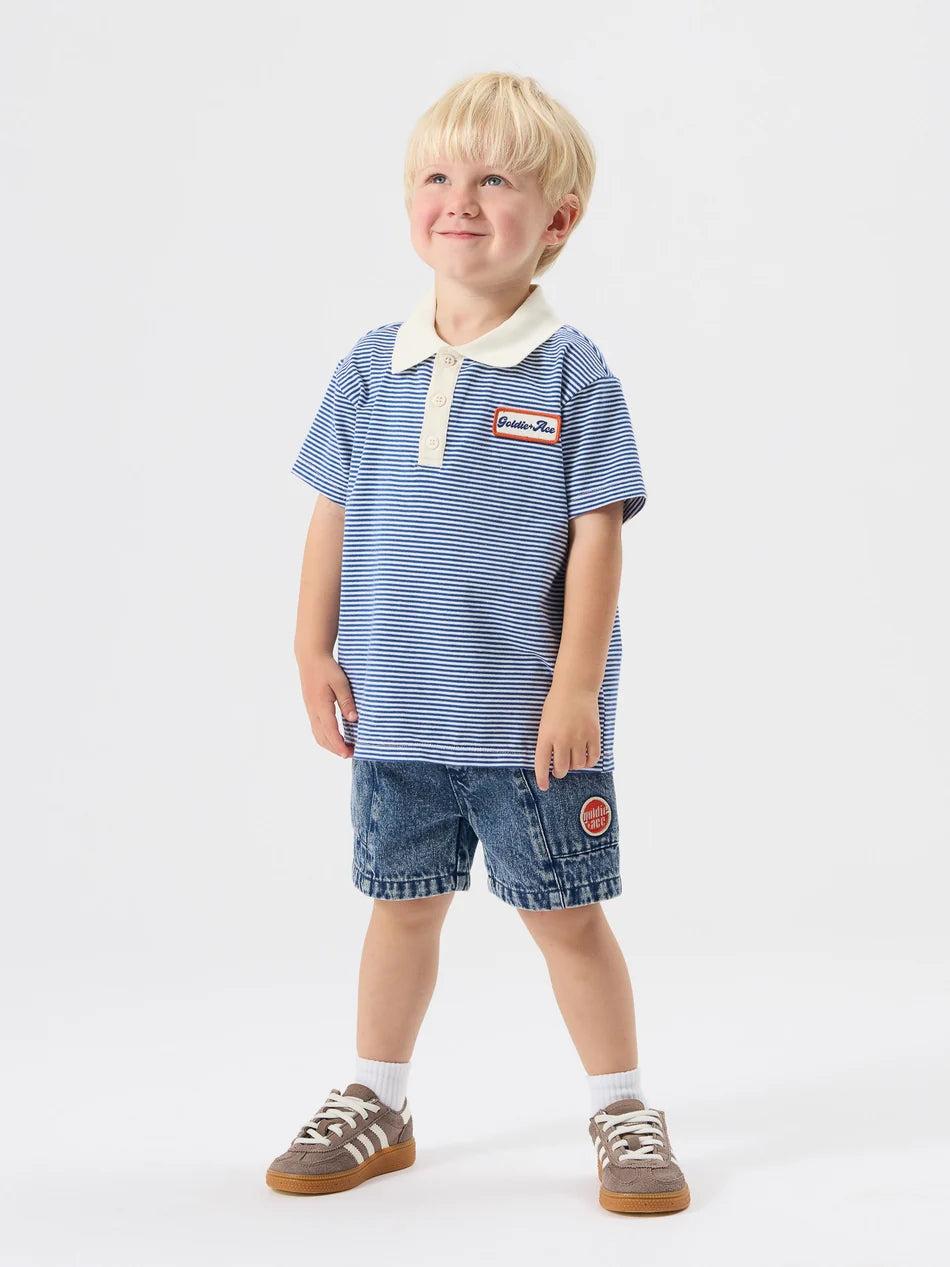 Navy Stripe Logo Polo Top