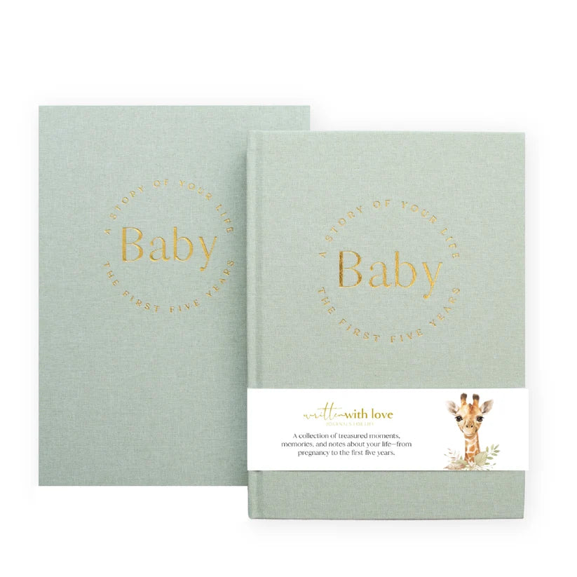 Baby Memory Book with Keepsake Box – Sage Green Linen