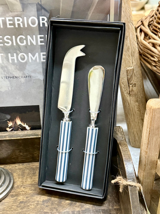 Blue & White Stripe Cheese Knife Set