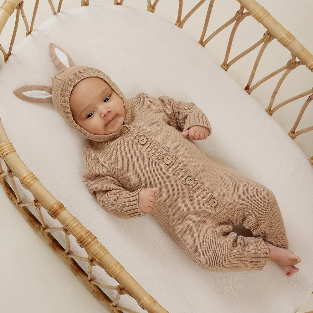 Aster and Oak Taupe Bunny Knit Romper