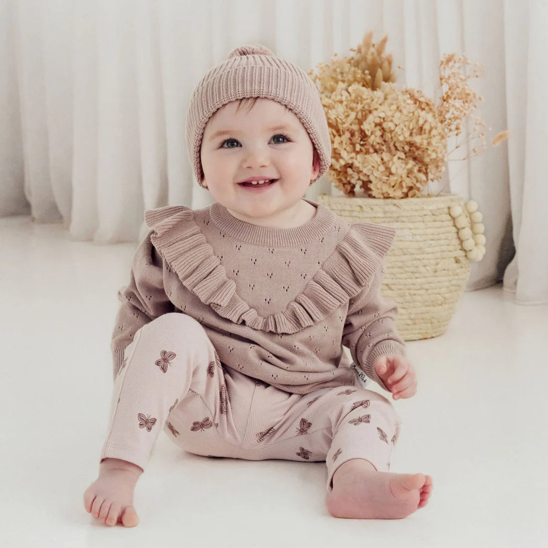 Aster & Oak Wild Rose Pointelle Ruffle Knit Jumper
