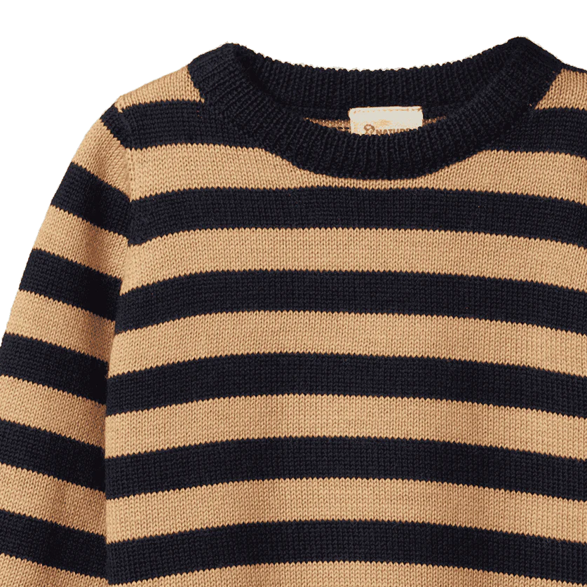 Merino Knit Pullover - Navy & Caramel