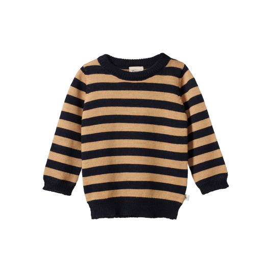 Merino Knit Pullover - Navy & Caramel