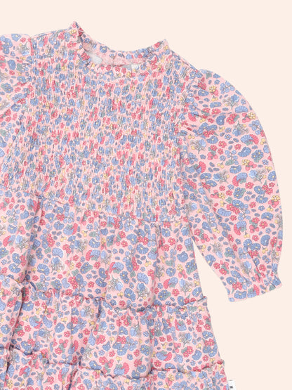 Huxbaby Vintage Floral Puff Long Sleeve Shirred Dress