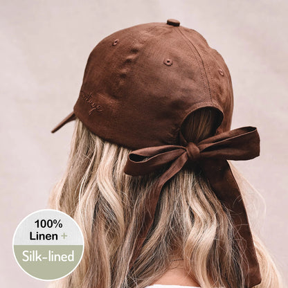 Silk lined Linen Bow Tie Cap - Espresso