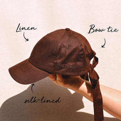 Silk lined Linen Bow Tie Cap - Espresso