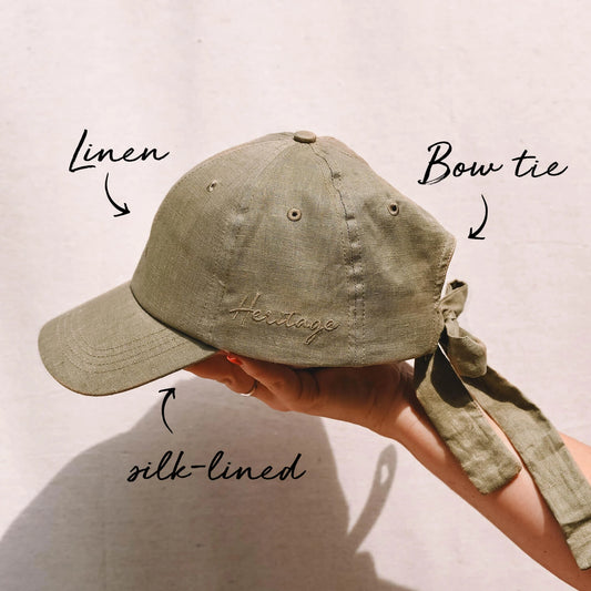 Silk lined Linen Bow Tie Cap - Sage