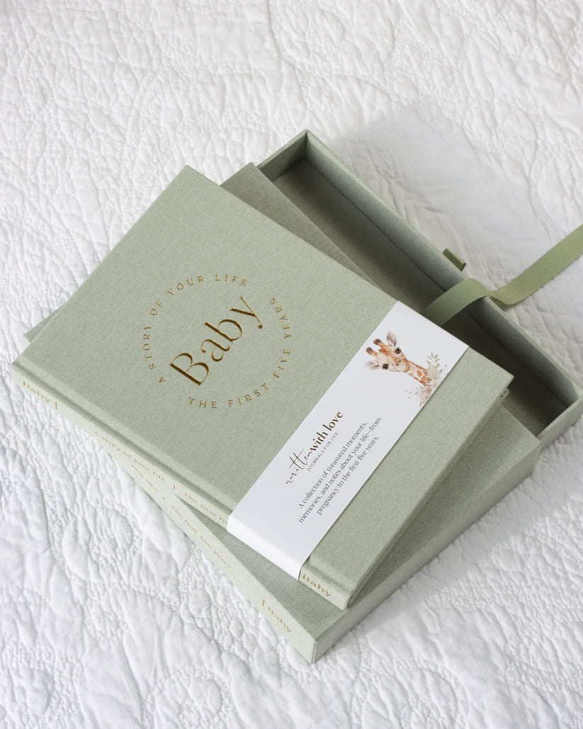 Baby Memory Book with Keepsake Box – Sage Green Linen