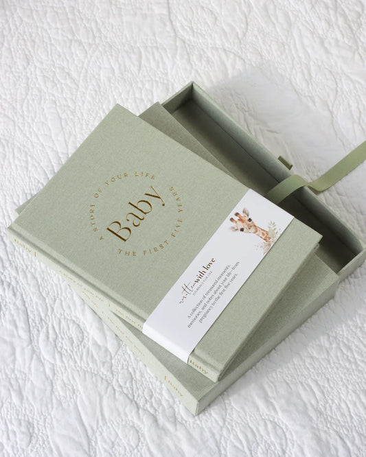 Baby Memory Book with Keepsake Box – Sage Green Linen