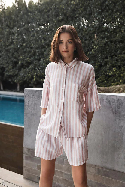 Gingerlilly Evie Linen Short Set - Pink Stripe