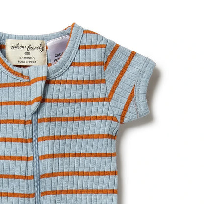 Wilson & Frenchy Organic Stripe Rib Zipsuit | Blue & Rust