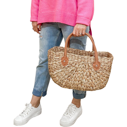 Hand Woven Market Basket- Suede Handle